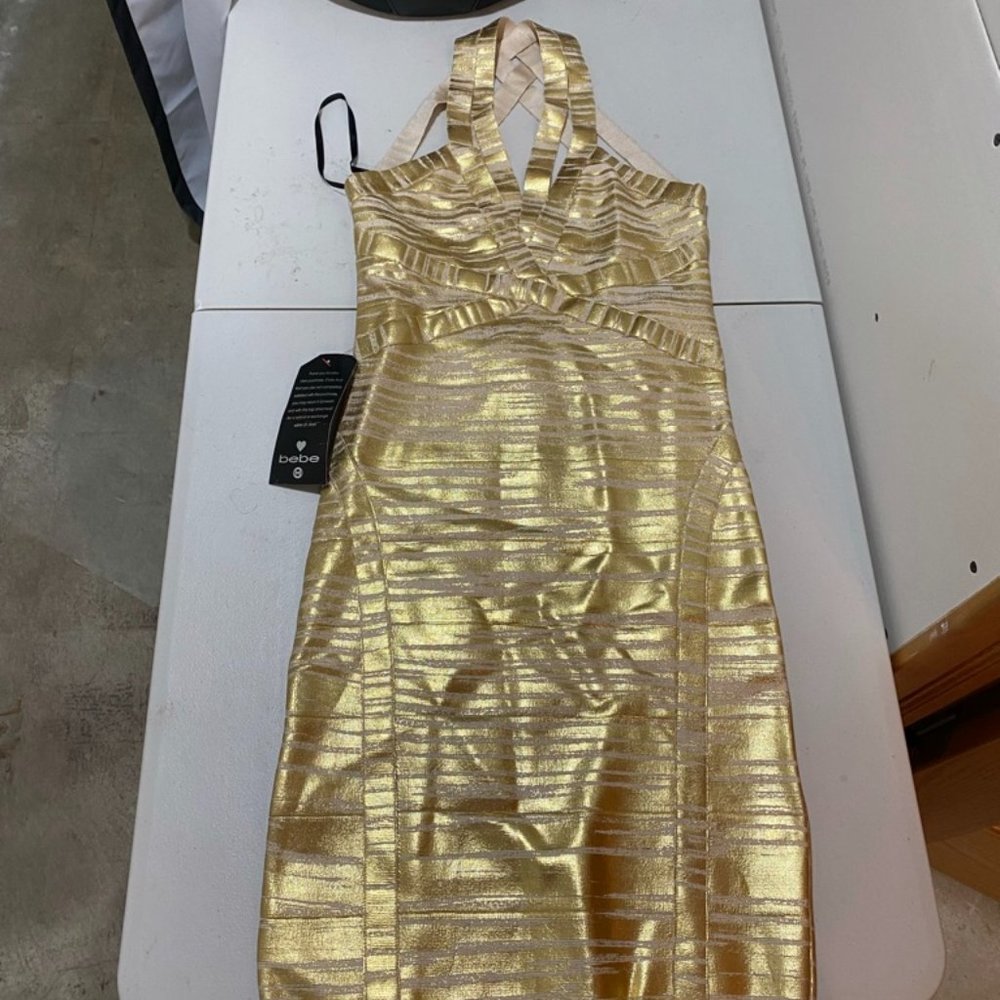 NWT Bebe Gold Foil Strappy bandage mini dress L